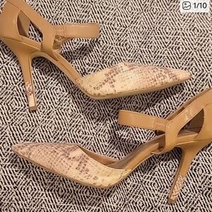 BCBGeneration Tan Snake-Print Pointed-Toe Ankle-Strap Heels